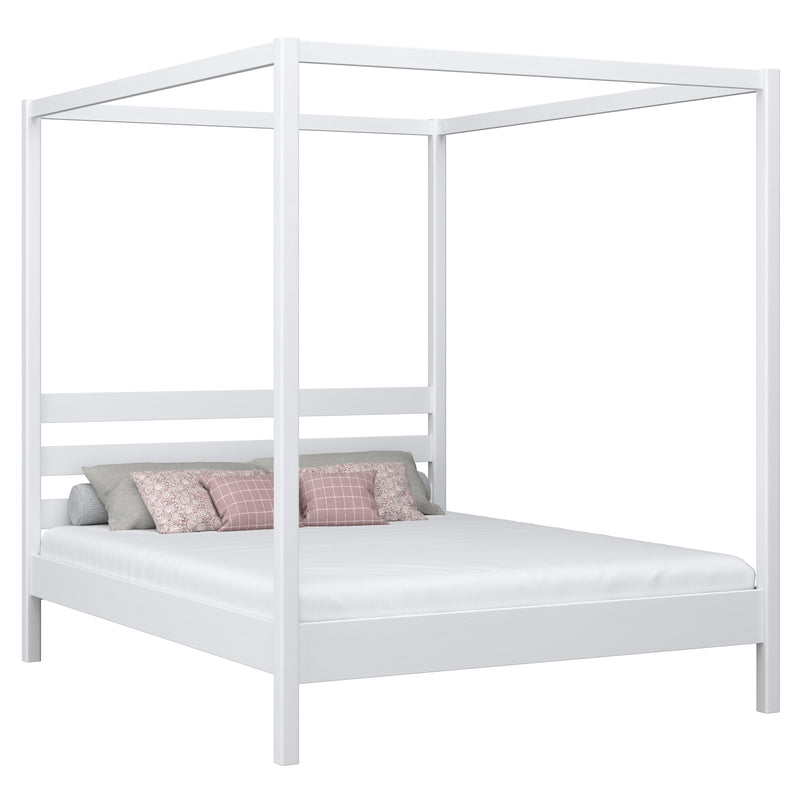 Wooden canopy double bed N01 white – overall view, solid pine wood