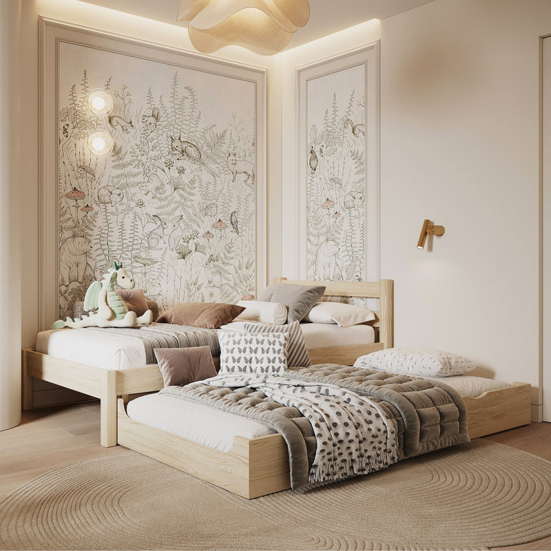 Wooden bed with mattress drawer clear pine – child’s room, scandi Nizio
