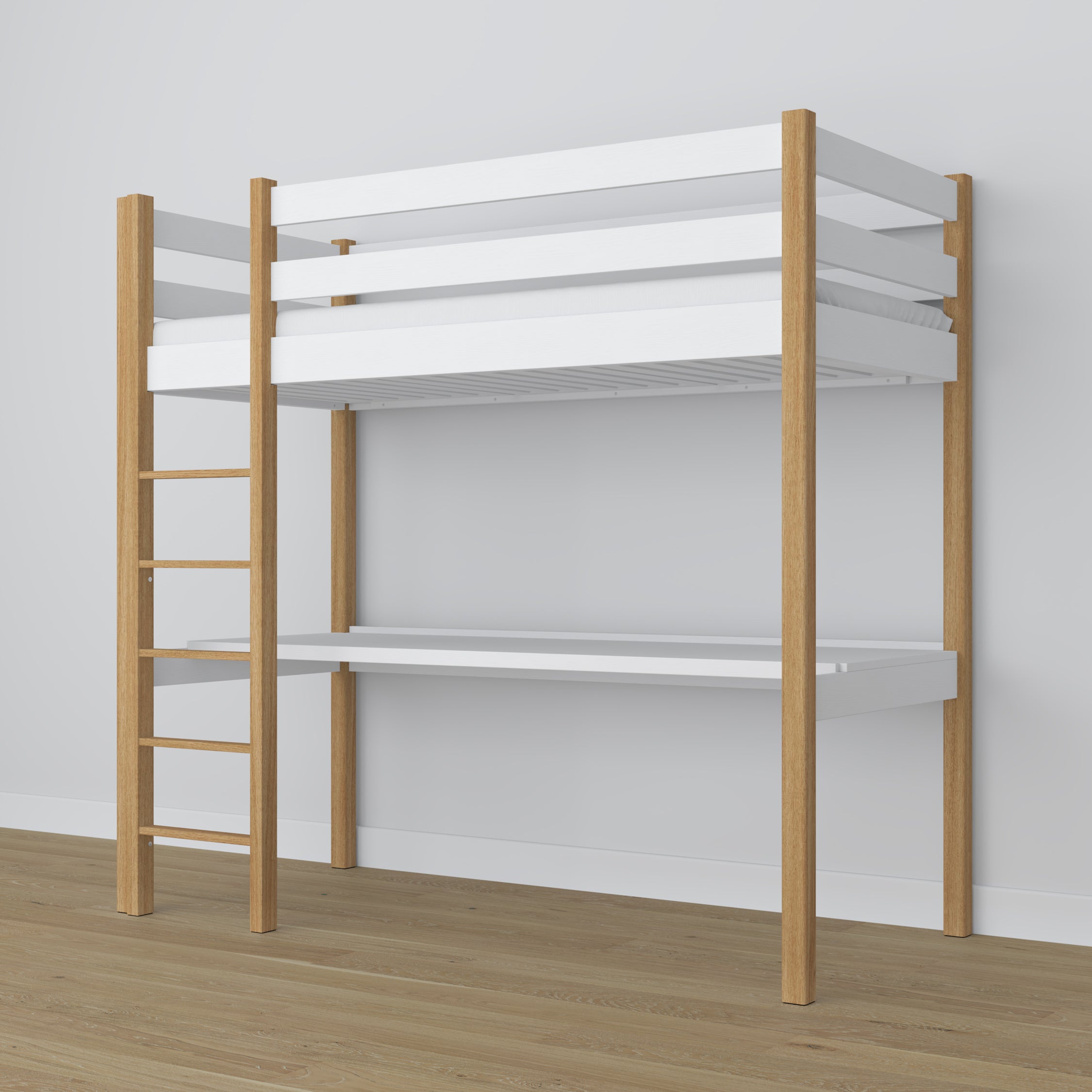 White and Oak Wooden Loft Bed with Desk – Ladder and Joint Details