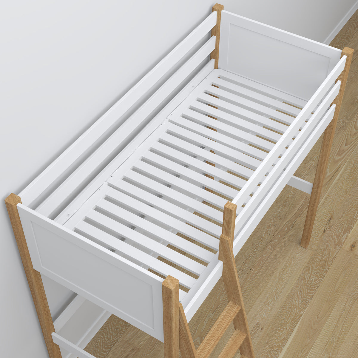 White and Oak Wooden Loft Bed with Desk – Ladder and Joint Details