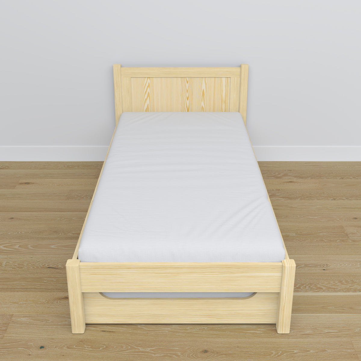 Clear pine bed – mattress drawer, wooden details, Nizio Home