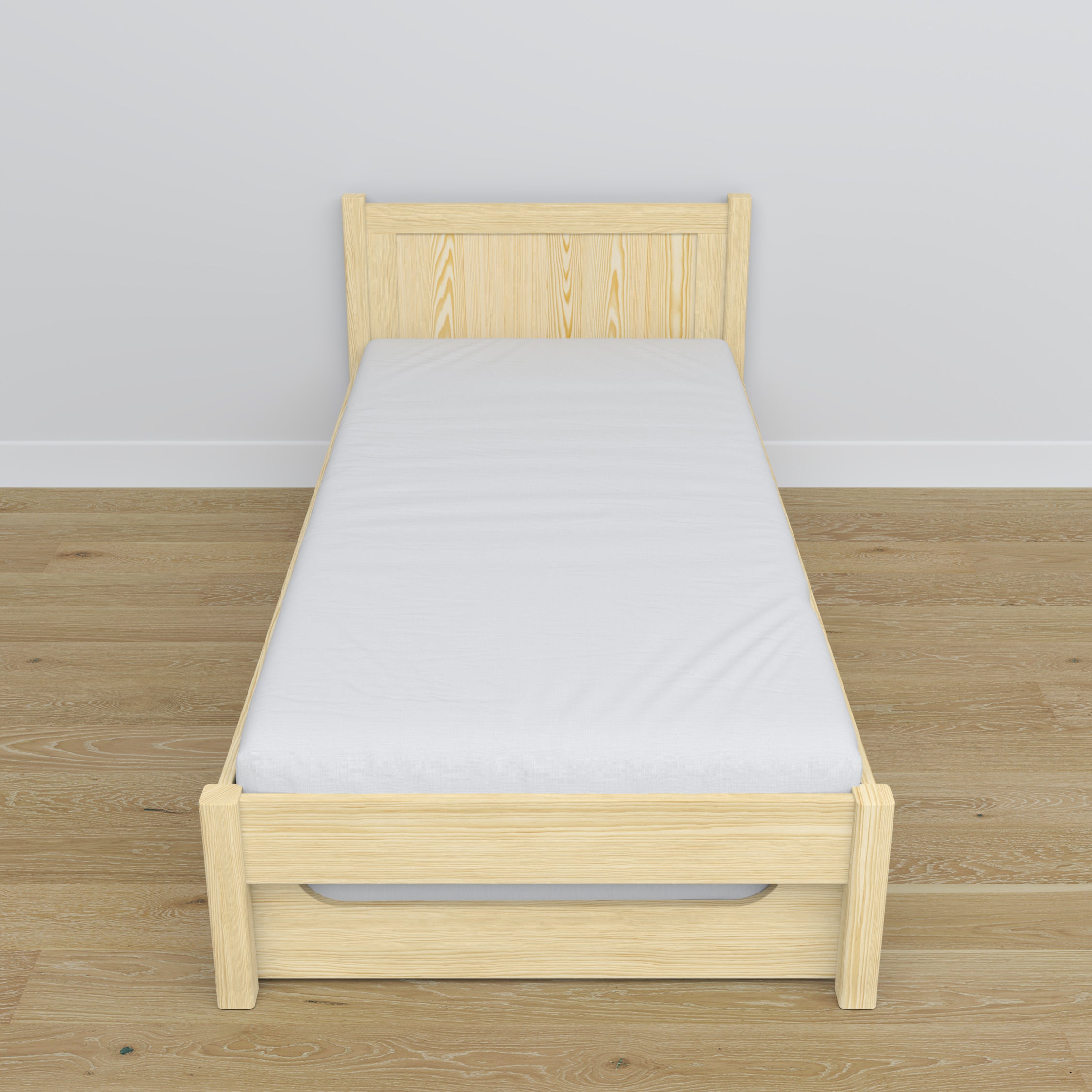 Clear pine bed – mattress drawer, wooden details, Nizio Home