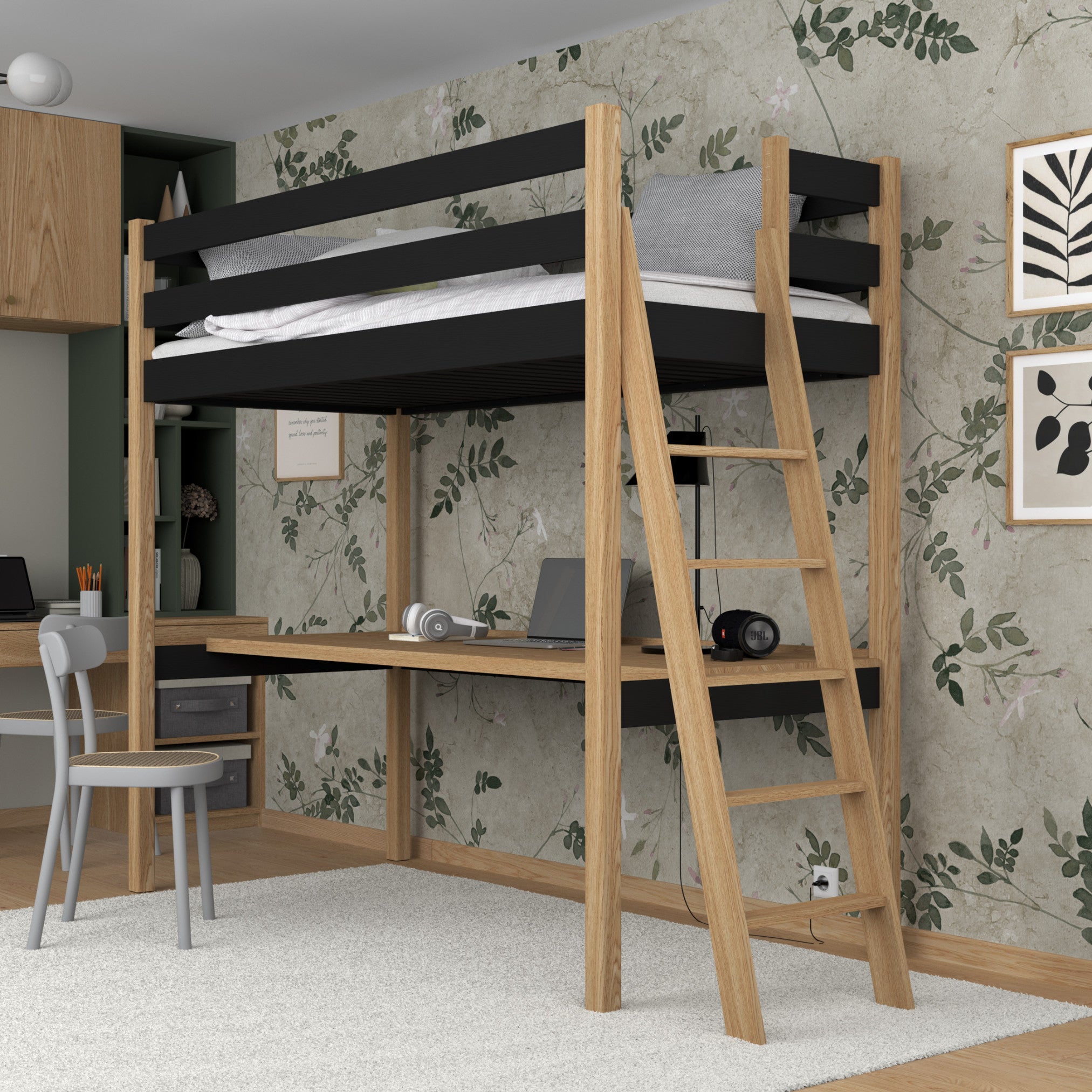 Black and Oak Wooden Loft Bed with Desk – Ladder and Safety Rail