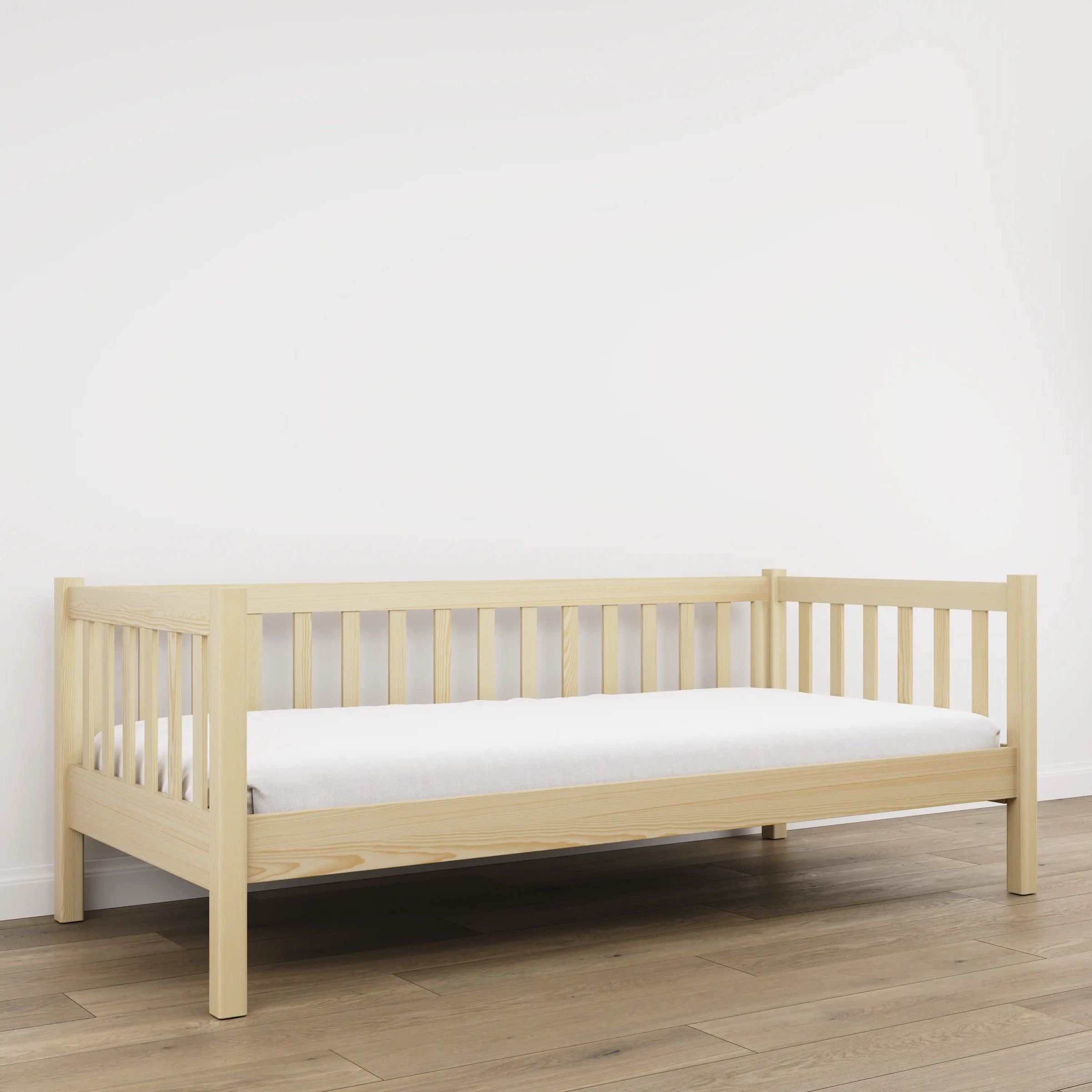 Clear pine sofa bed – wooden side barrier, child safety