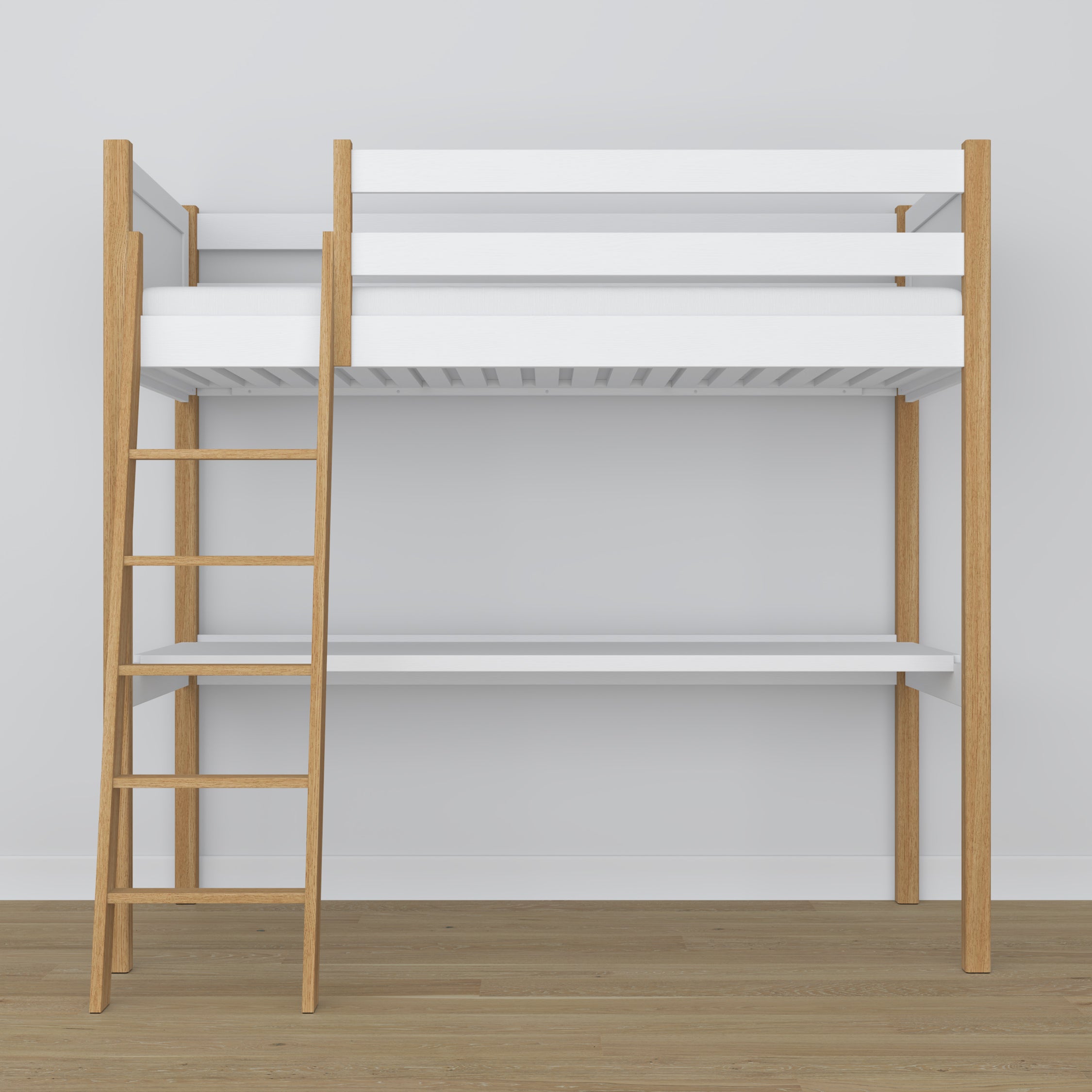 Loft bed white/oak wooden – top view of the sleeping area, Nizio