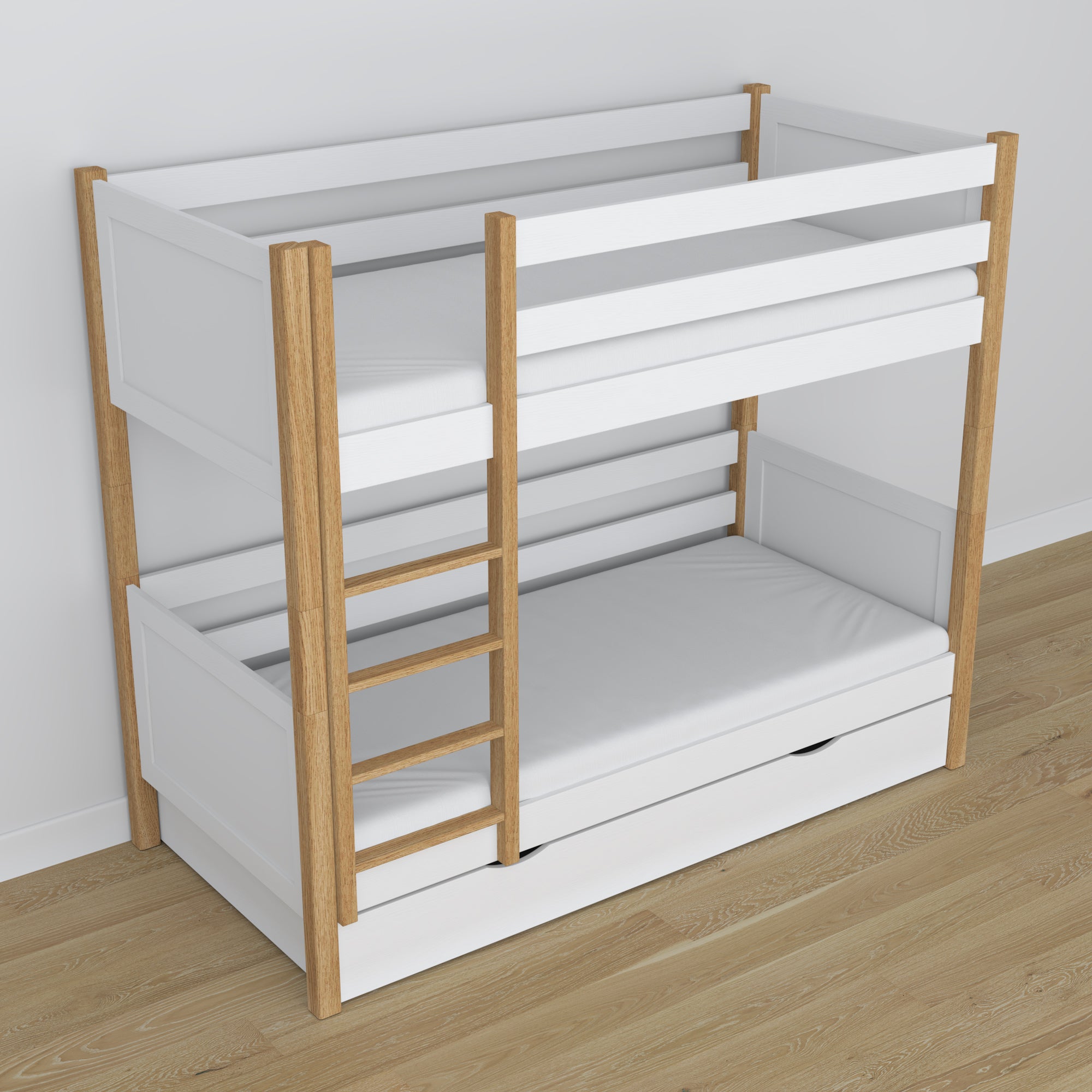 White and Oak Bunk Bed for Children – Two Sleeping Areas and Drawer, Wooden