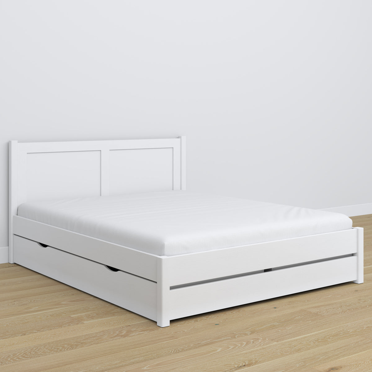Double bed with drawer white made of wood – side view, Nizio