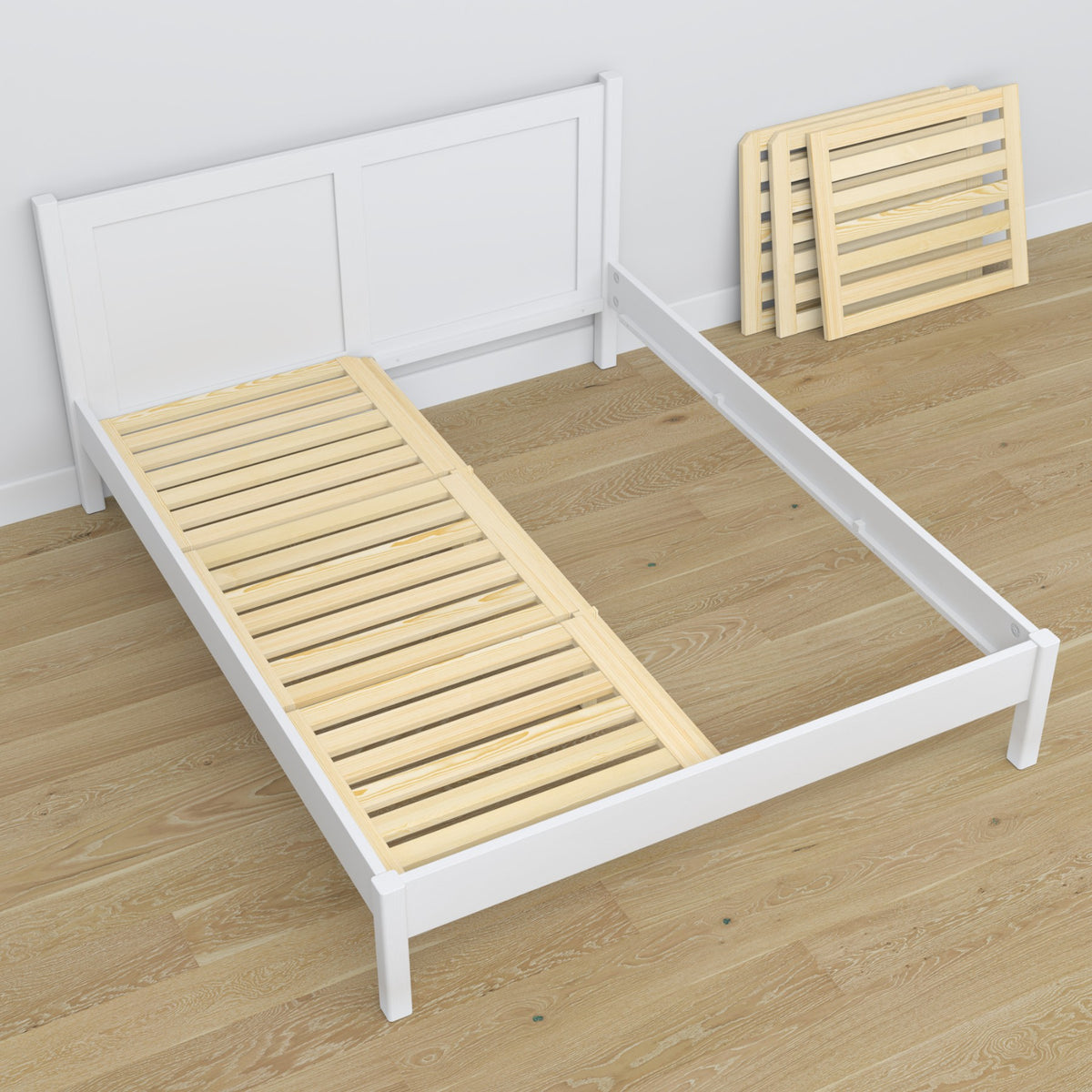 Double bed white made of wood – angled view, scandi