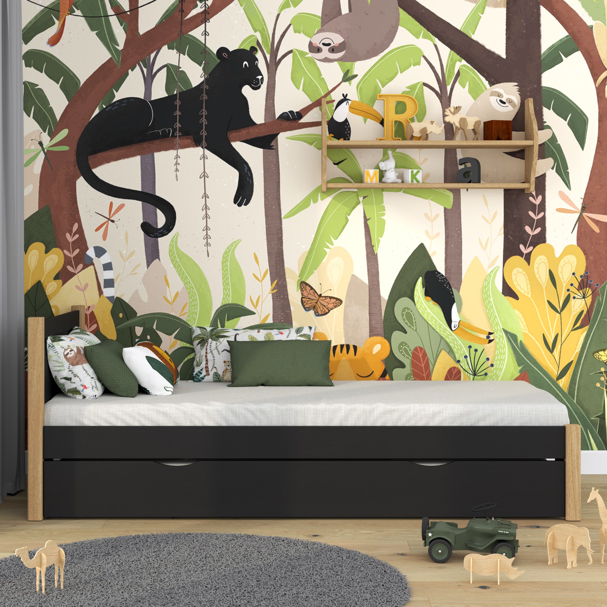 Black and Oak Bed with Mattress Drawer – Side View, Wooden, Nizio Home