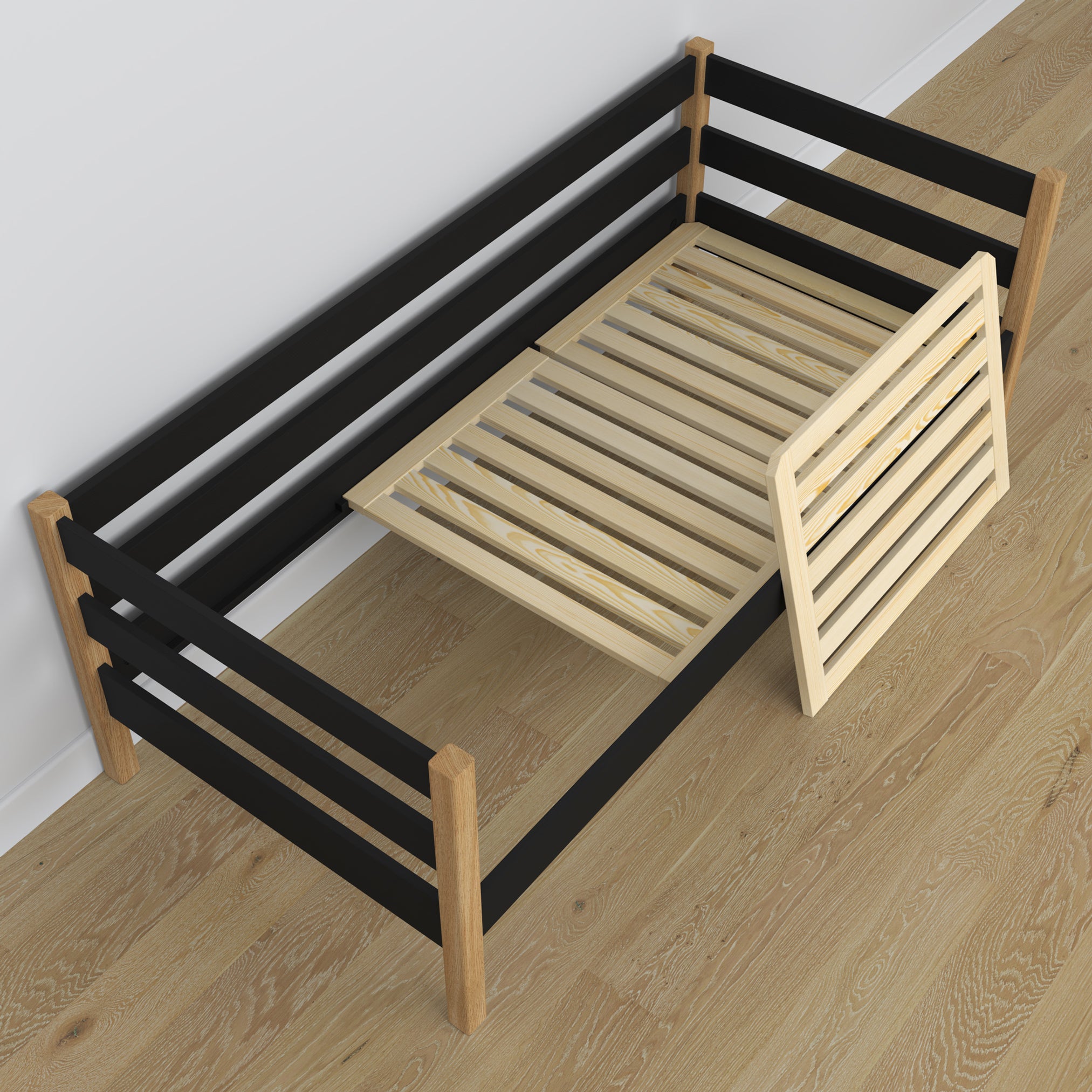 Sofa bed wooden black-oak – view from the headboard, children’s room