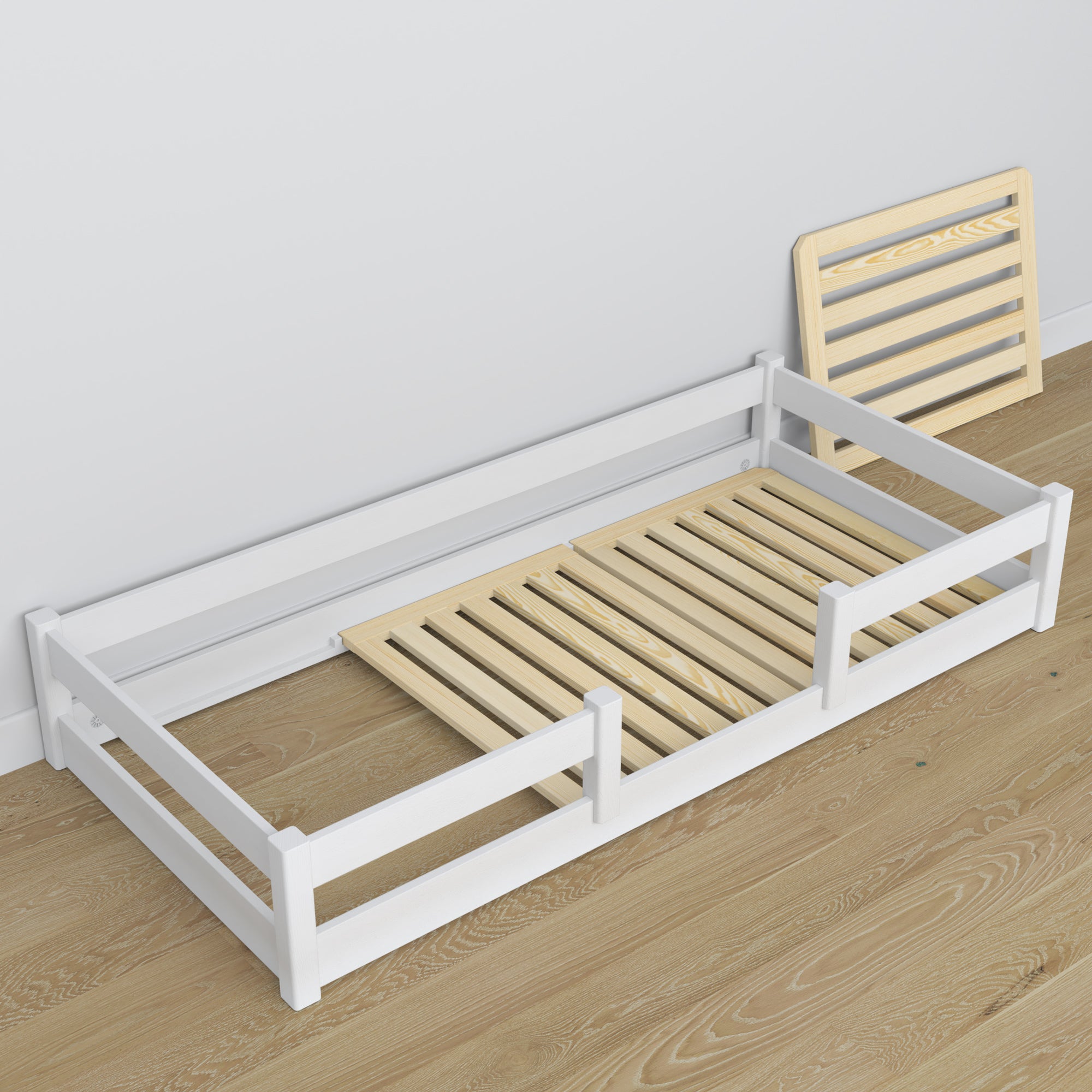 Low Bed Wooden White – Angled View, Bedroom