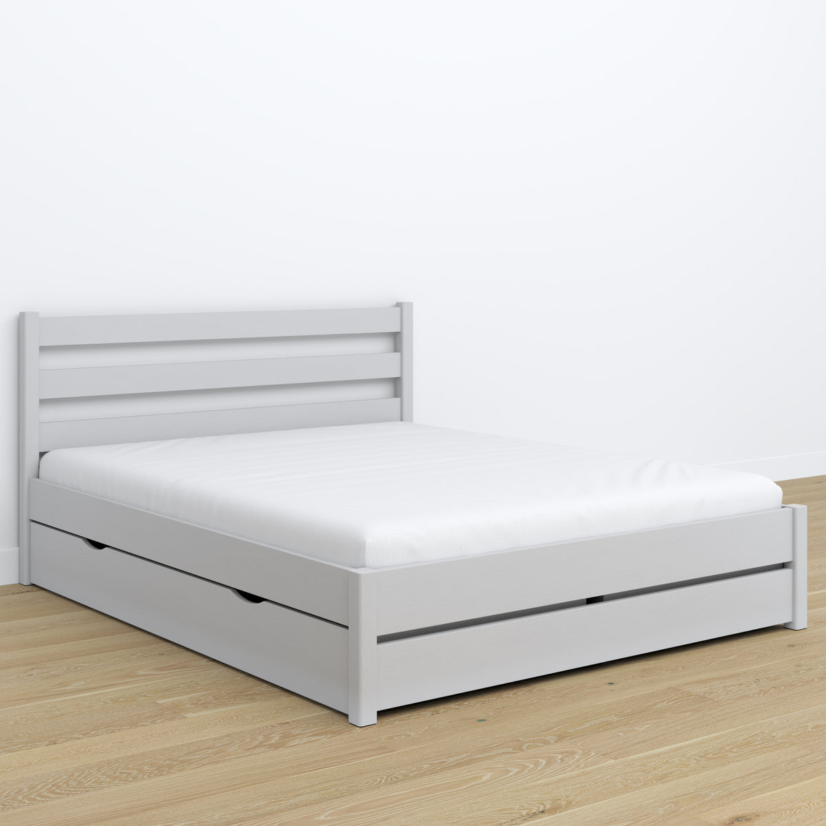 Double bed grey with drawer – wooden headboard, close-up