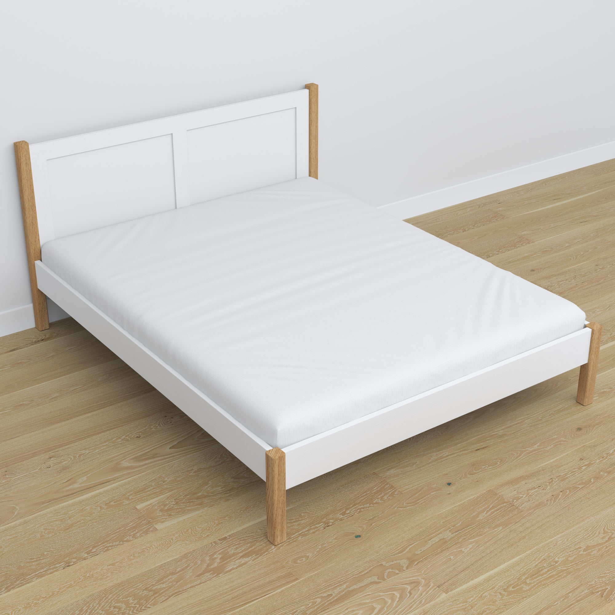 Double bed white and oak in bedroom – bedding arrangement with bedding, scandi style