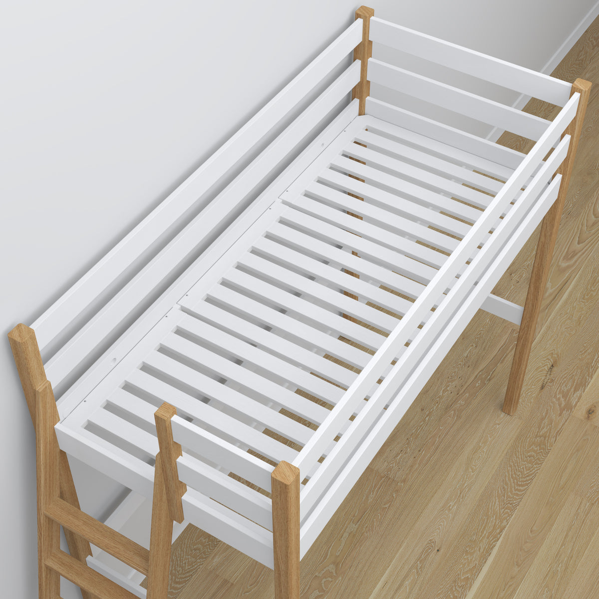 Loft bed white/oak in children’s room – scandi arrangement, wooden