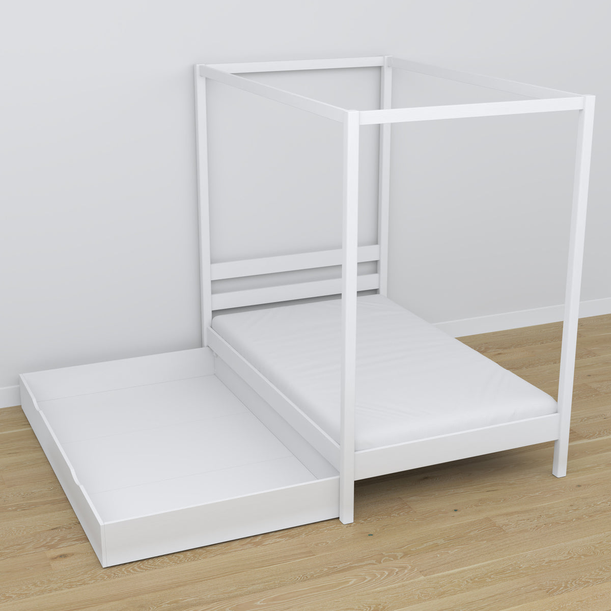 White canopy bed with drawer made of wood – dimensions, Nizio