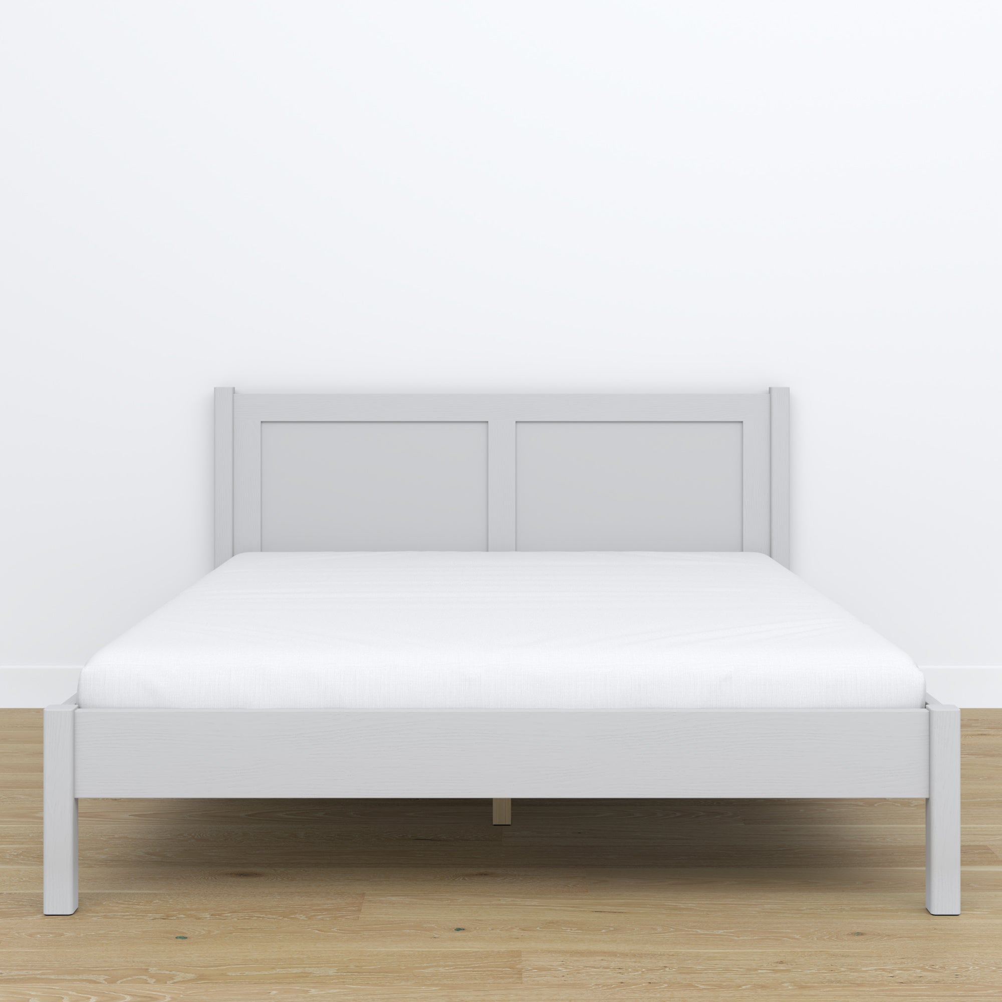 Wooden double bed grey – side view, proportions and shape, bedroom