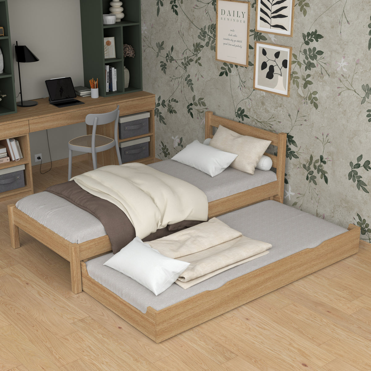 Oak bed with mattress drawer natural oak – child’s room, scandi Nizio
