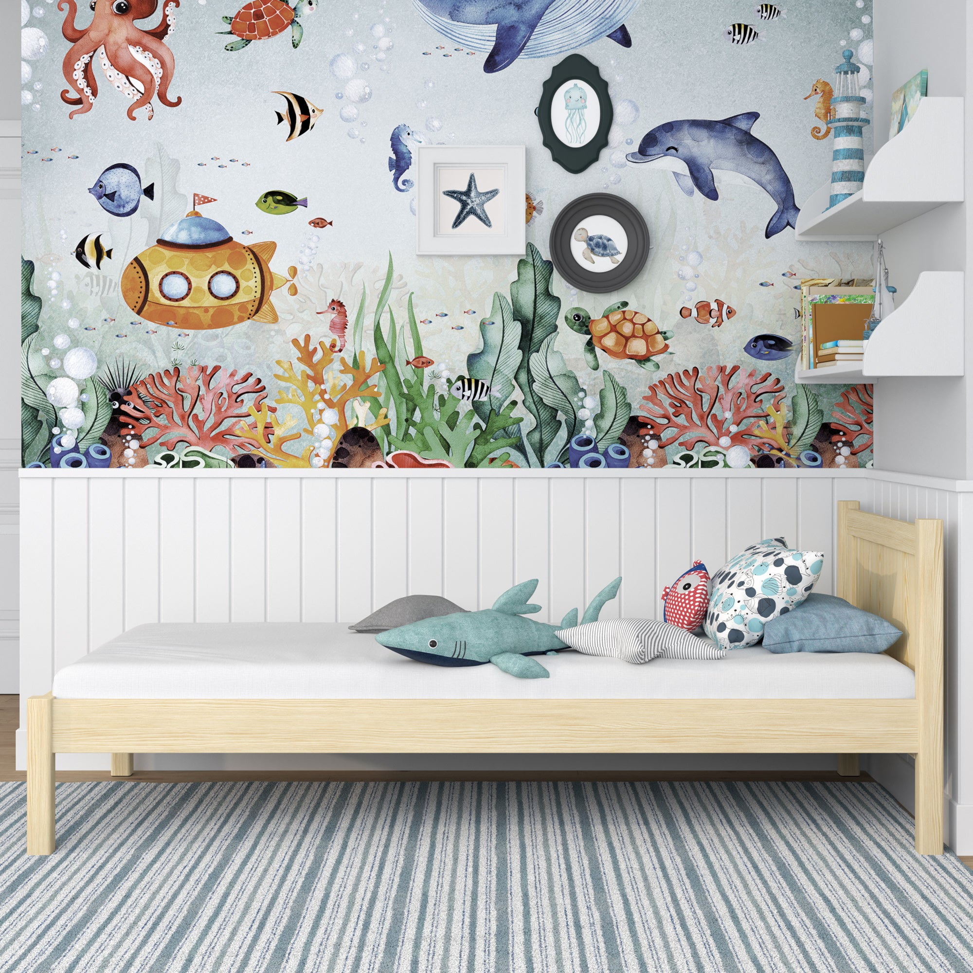 Clear pine bed in a child’s room – Scandinavian arrangement, wooden