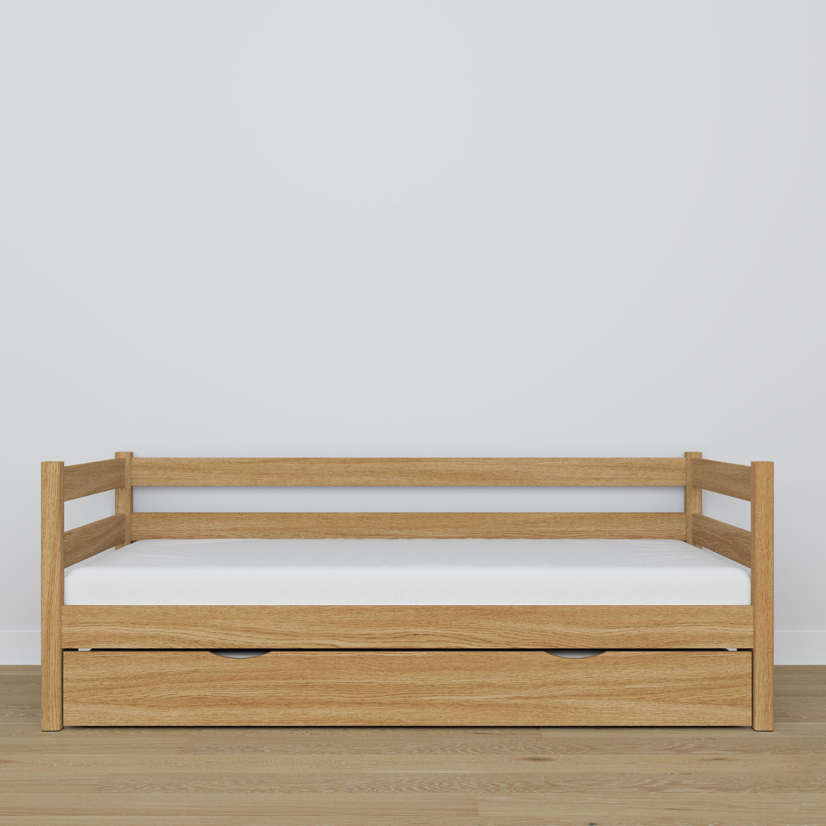 Natural oak sofa bed with mattress drawer made of oak – dimensions, Nizio