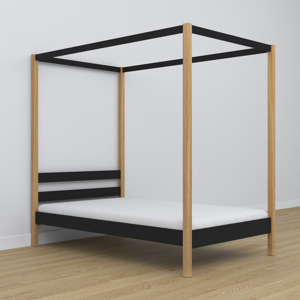 Black and Oak Canopy Bed – Decorative Wooden Frame, Safe for Children