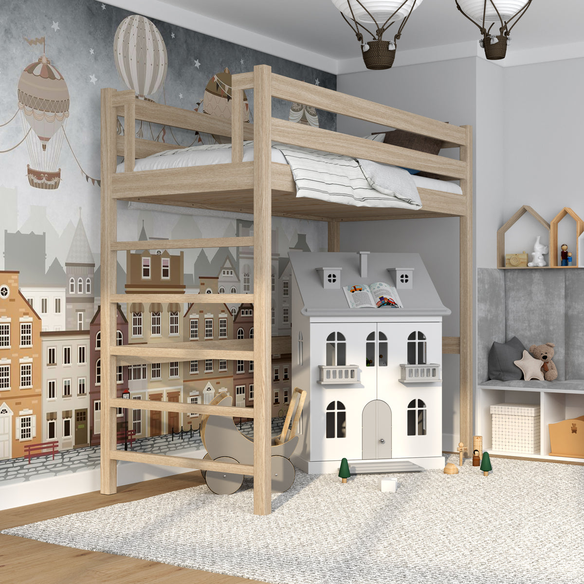 Bleached Oak Loft Bed – Free Space Under the Sleeping Area, Nizio