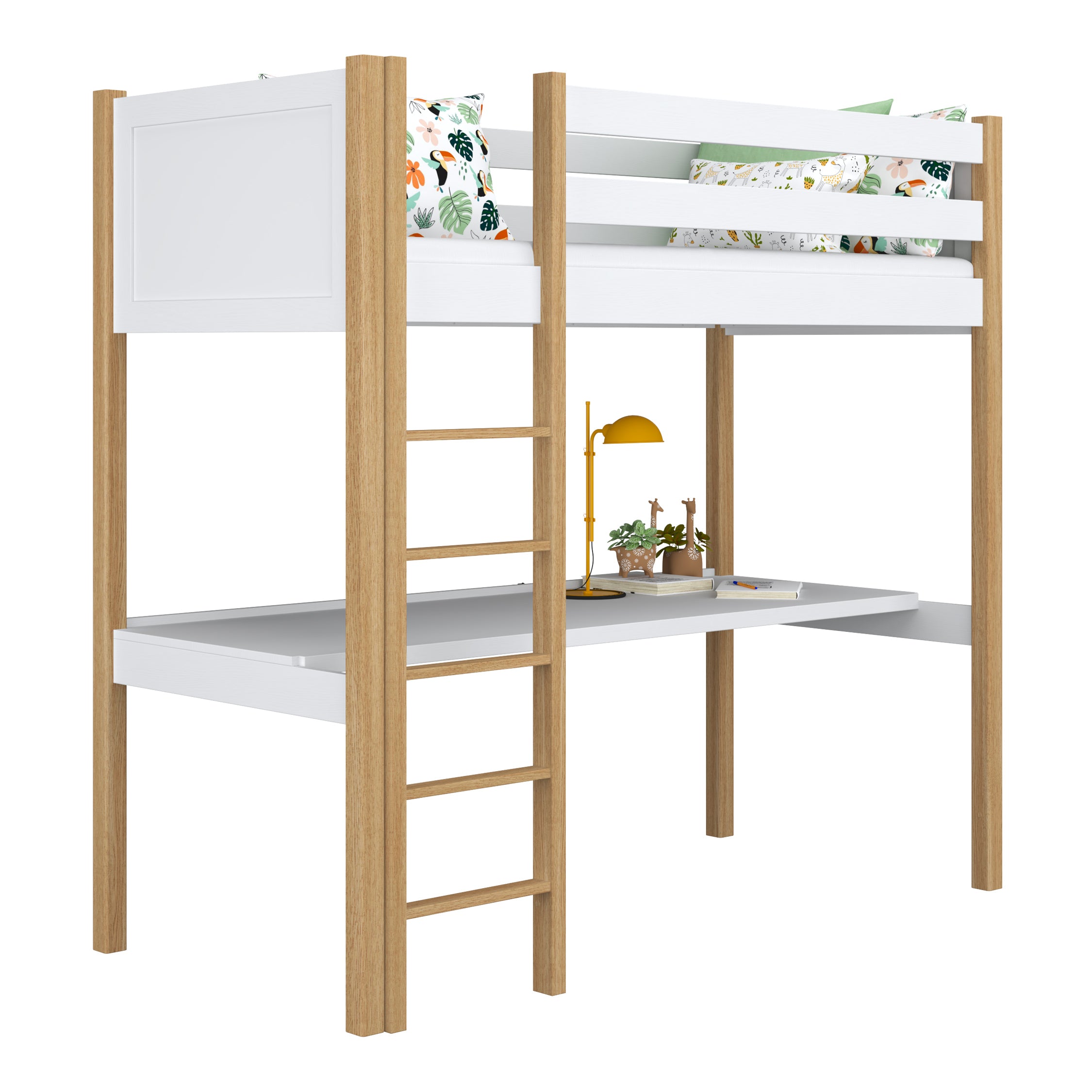 White and Oak Wooden Loft Bed with Desk – Children’s Room, Scandi Nizio