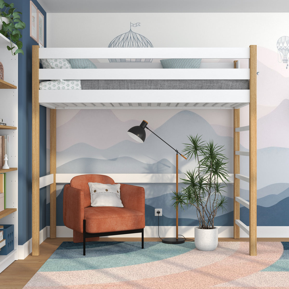 White and Oak Wooden Loft Bed – Children’s Room, Solid Wood, Scandi Style