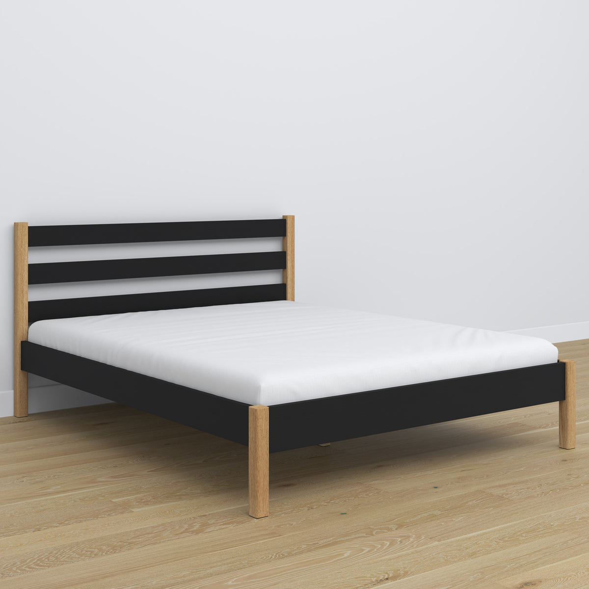 Wooden double bed black and oak – legs and base, close-up of details