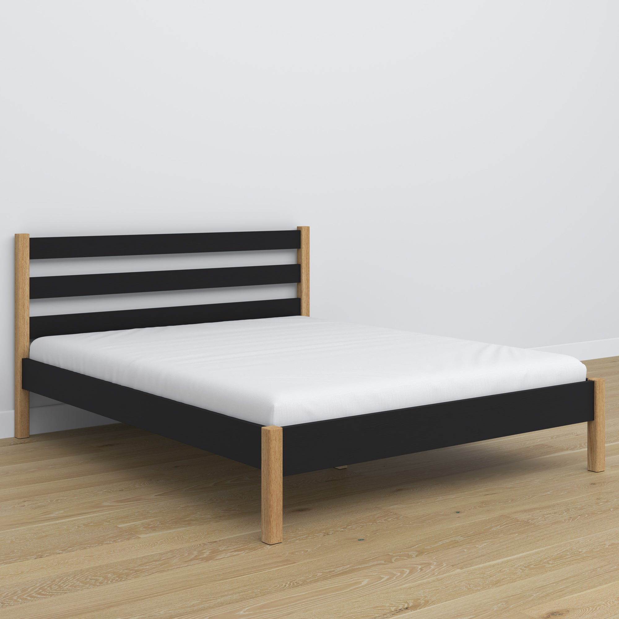 Wooden double bed black and oak – legs and base, close-up of details