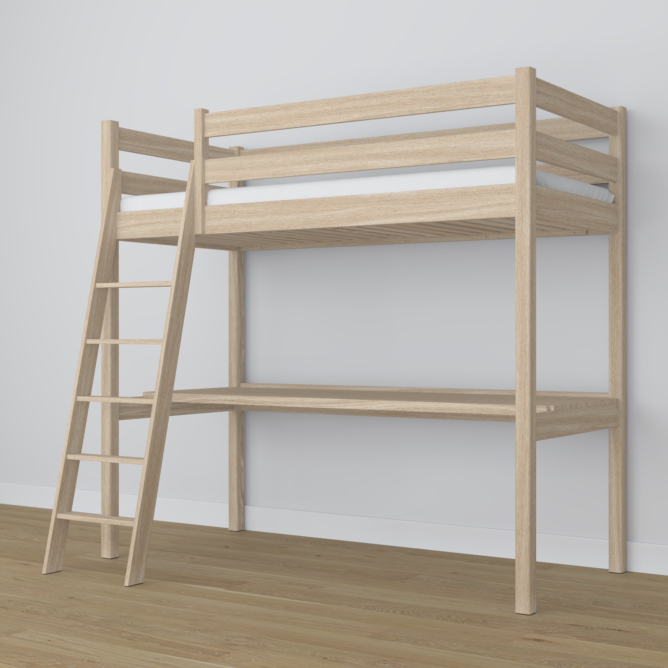 Bleached Oak Loft Bed with Desk – Frame and Slats, Nizio