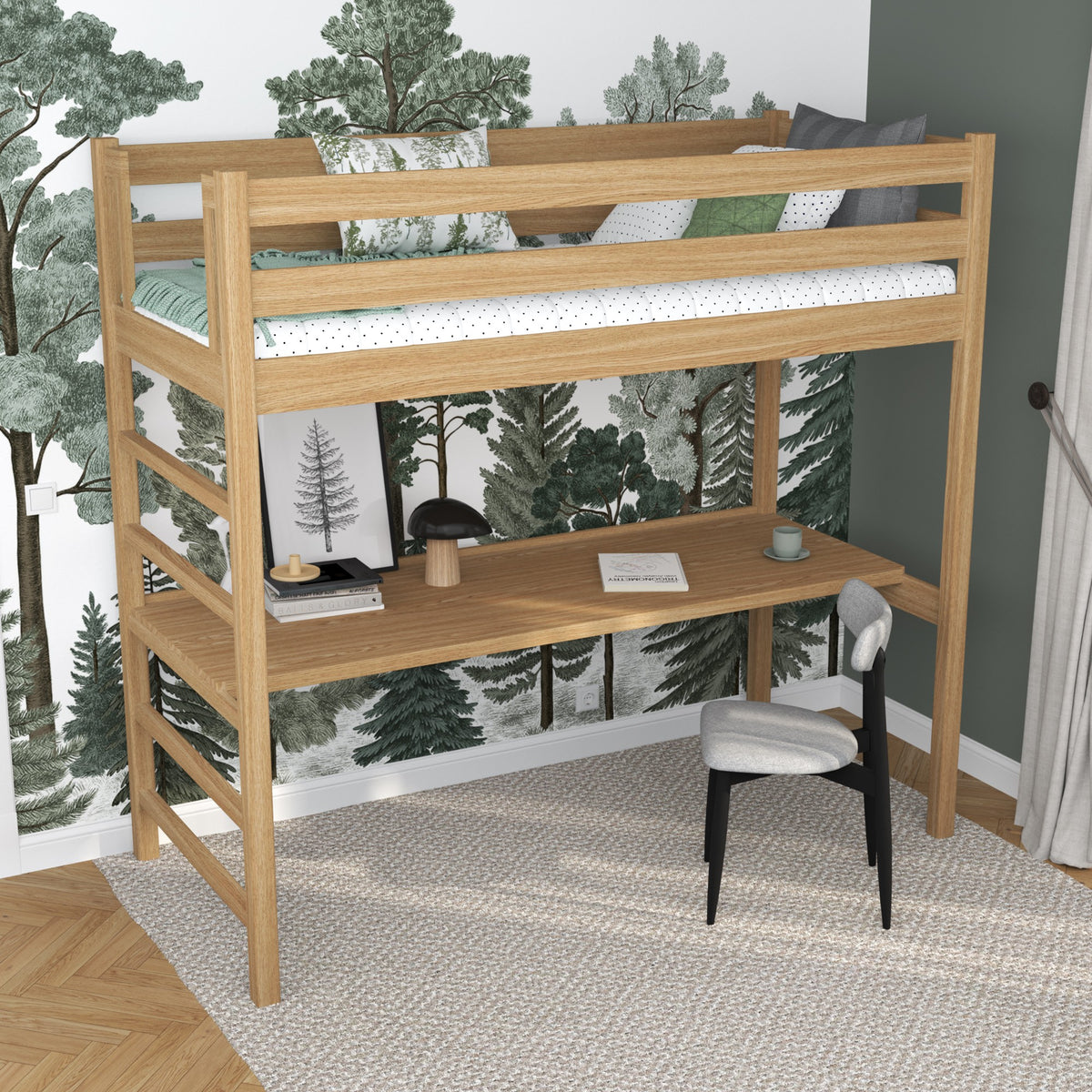 Loft bed natural oak – oak desk under the sleeping area, scandi children’s room