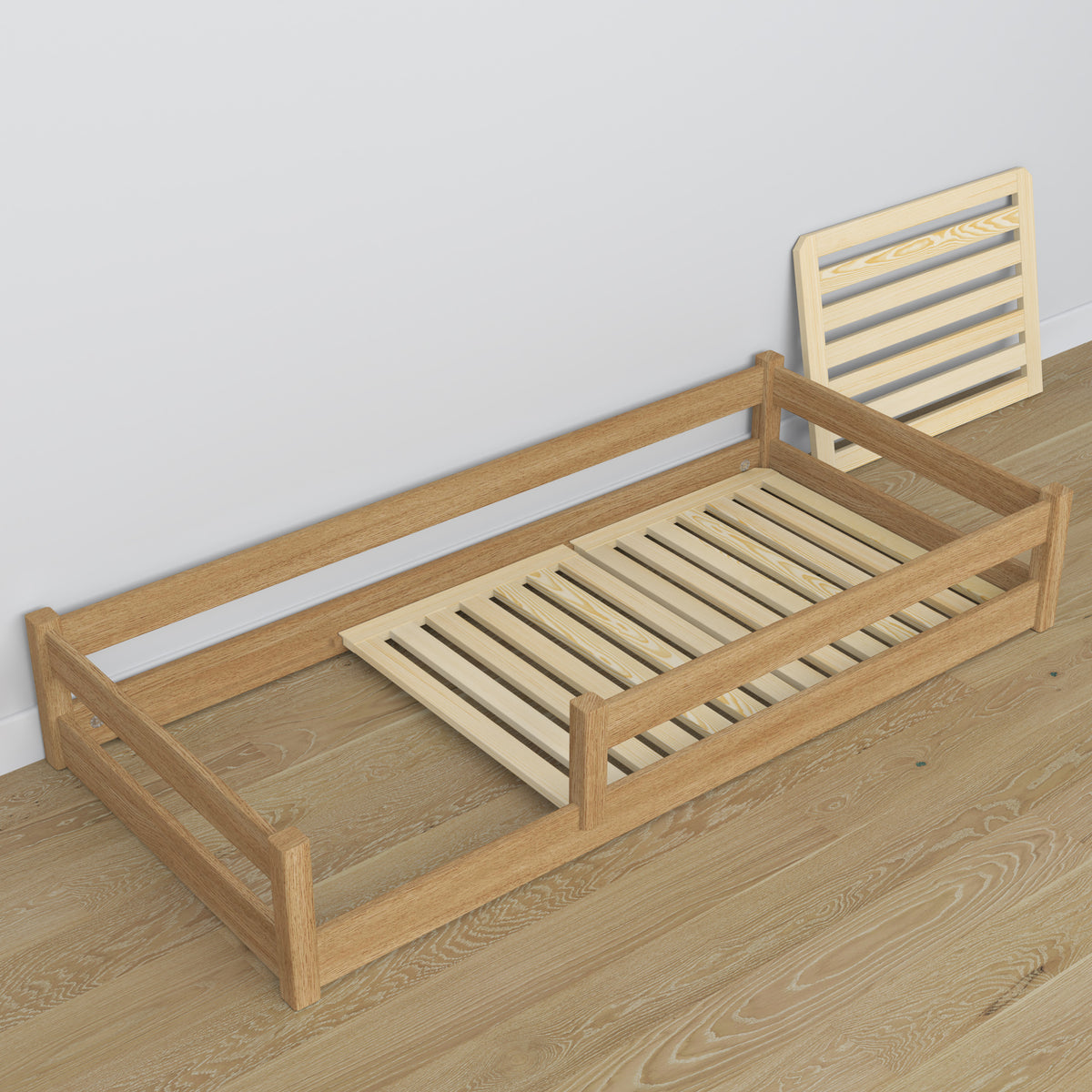 Low Bed Oak Natural Oak – Angled View, Bedroom