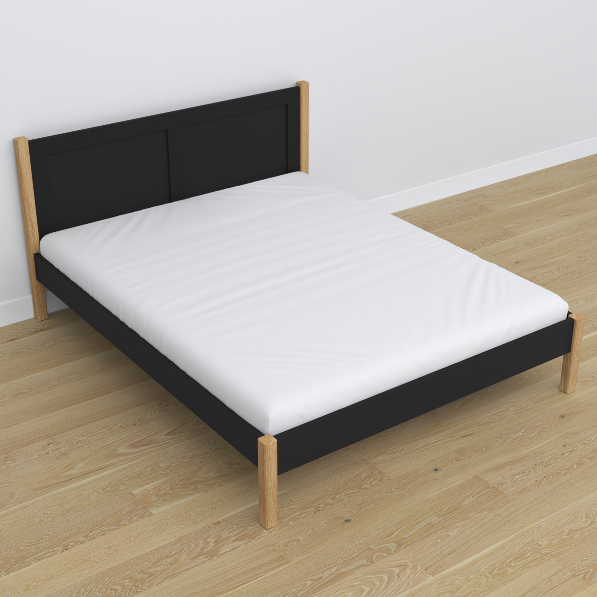 Double bed black and oak in bedroom – bedding arrangement with bedding, scandi style