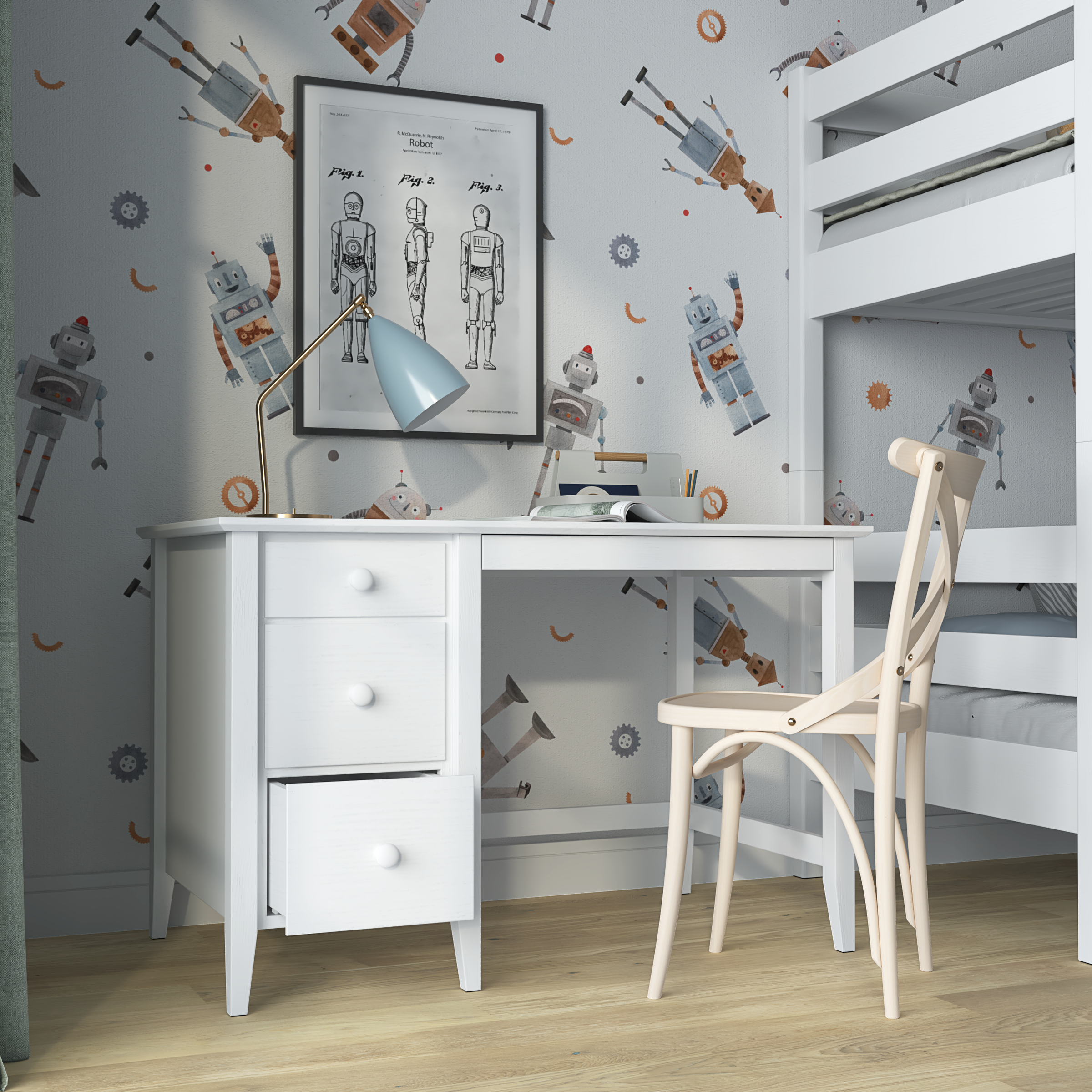 Desk 3S white – wooden, compact tabletop, front view, Nizio