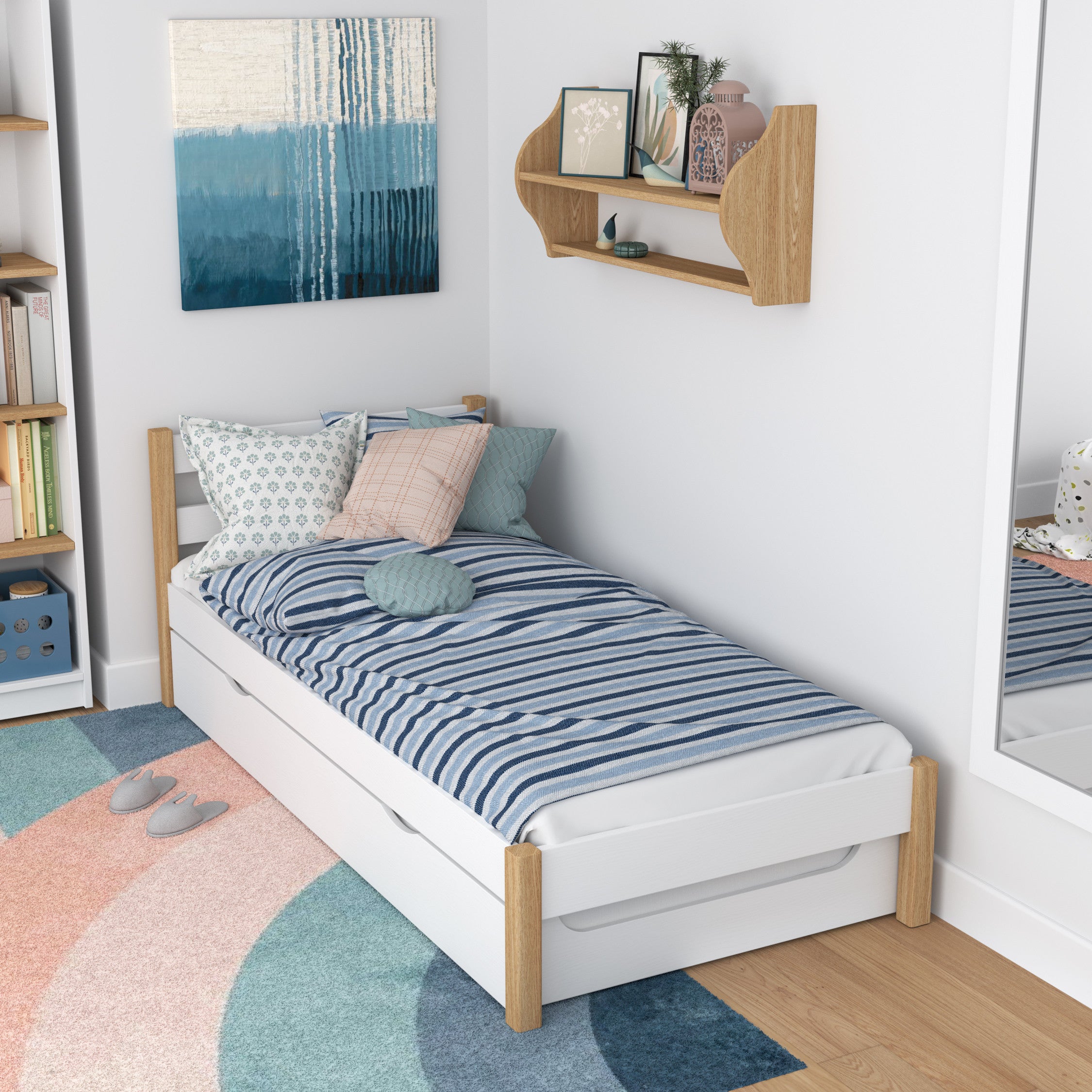 Wooden bed with mattress drawer white-oak – extended drawer, guest