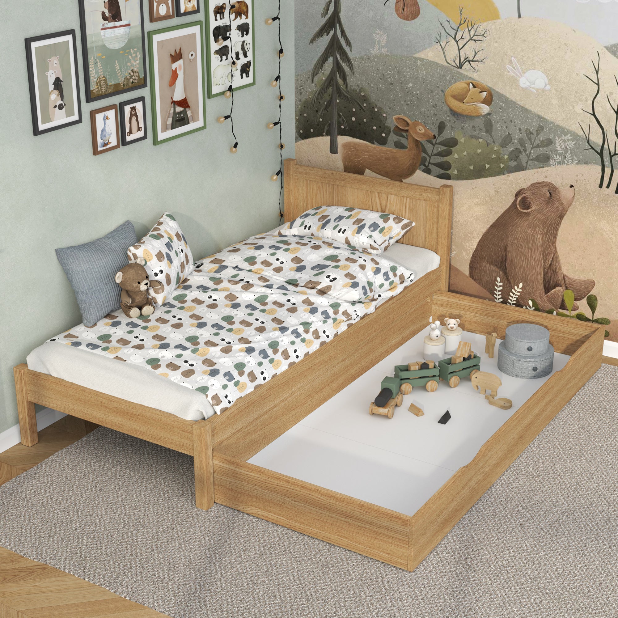 Natural Oak Bed with Drawer – Spacious Storage, Oak, for Children, Nizio