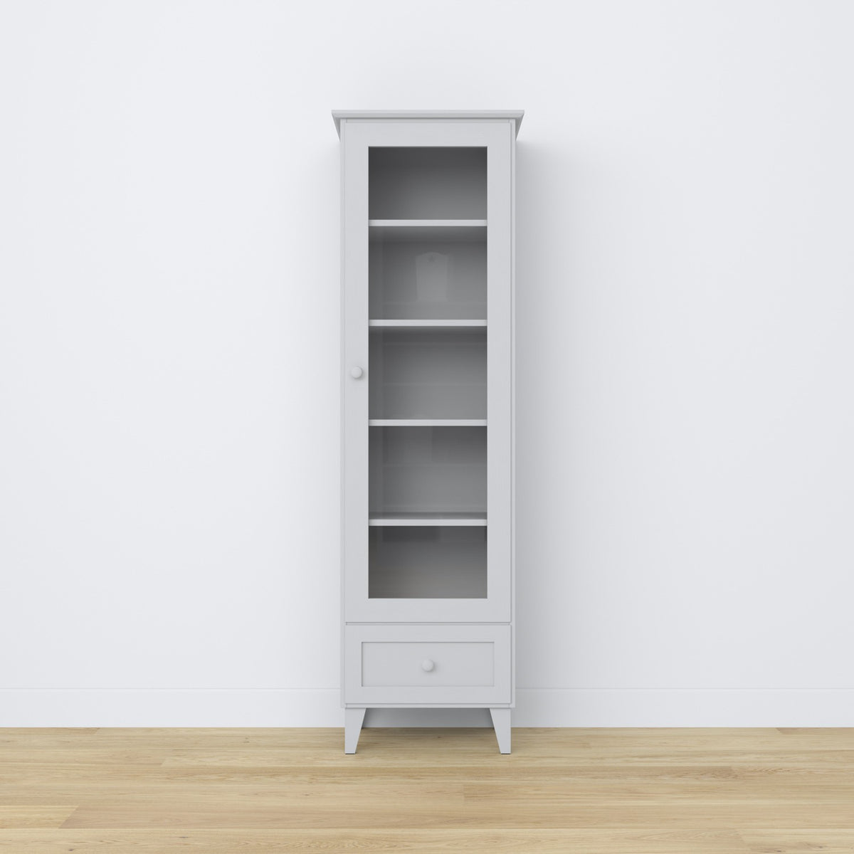 Display cabinet 1S 57 grey – glass door hinges, wooden, close-up