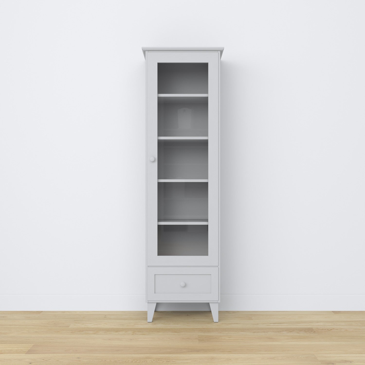 Display cabinet 1S 57 grey – glass door hinges, wooden, close-up