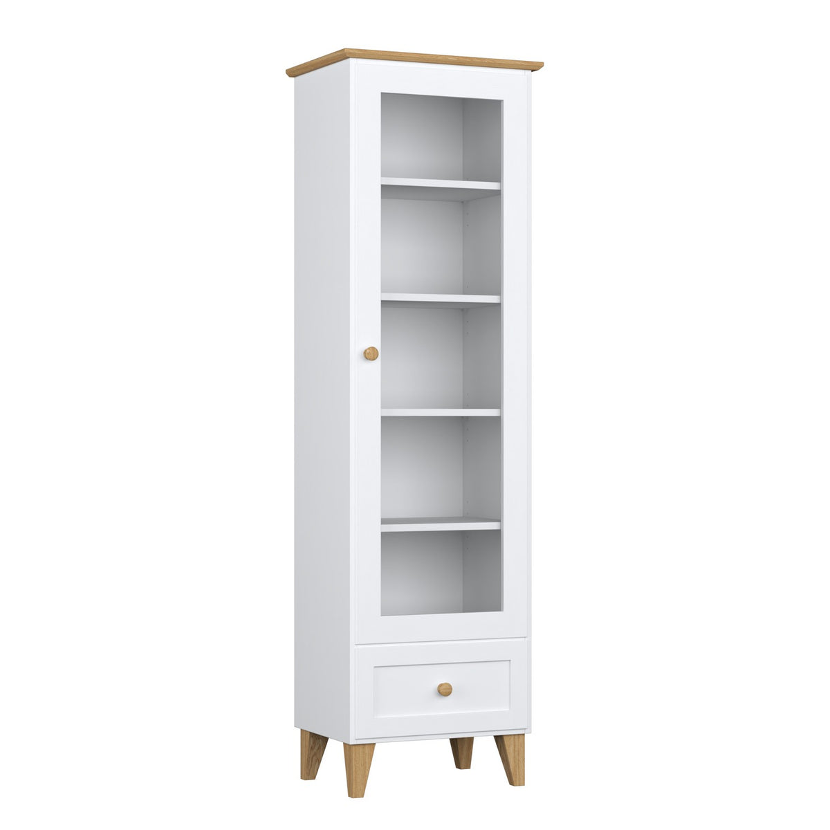 Display cabinet 1S 57 white with oak made of wood – side view, depth and profile
