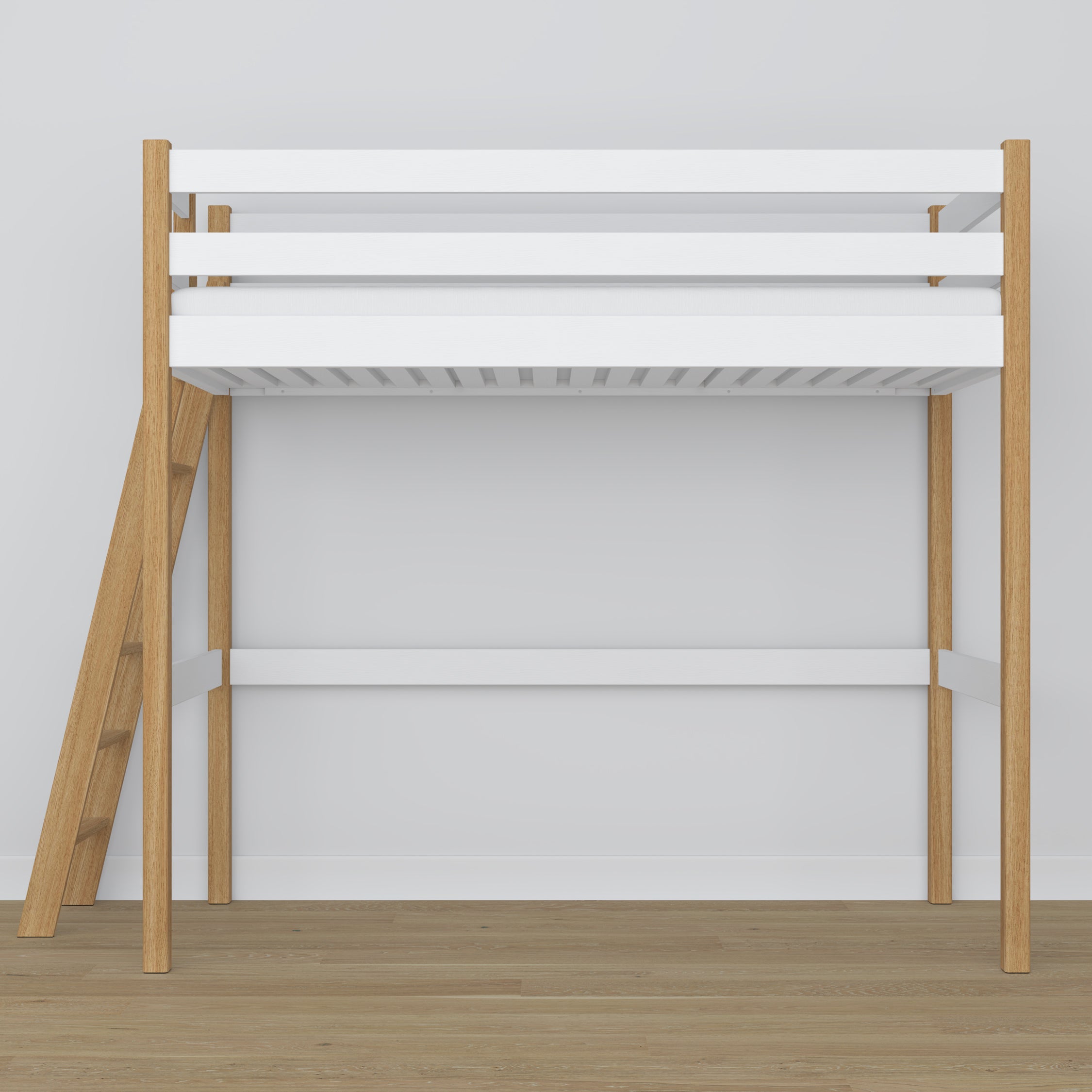 Loft bed white/oak – wooden ladder and safety rail, Nizio Home