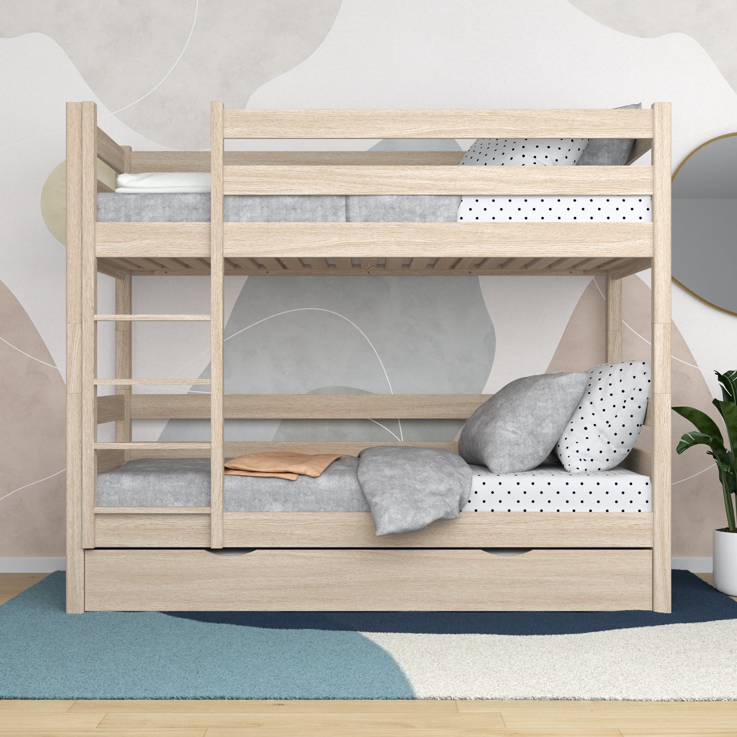 Bleached Oak Bunk Bed with Mattress Drawer – Safety Rail, Oak, Nizio Home