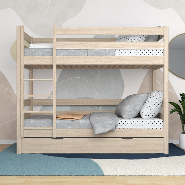Bleached Oak Bunk Bed with Mattress Drawer – Safety Rail, Oak, Nizio Home