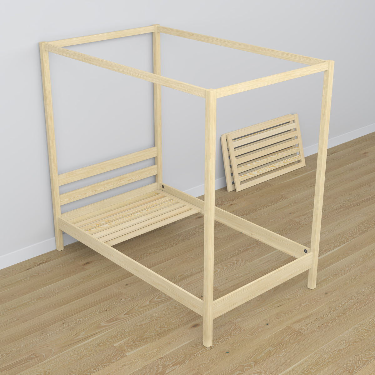Clear pine canopy bed in a child’s room – scandi arrangement