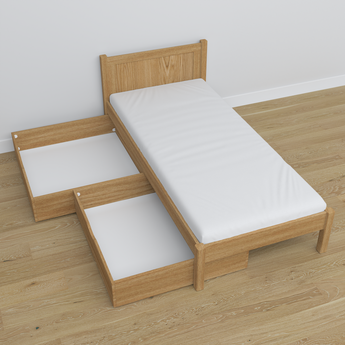 Natural Oak Bed with Oak Drawer – Angled View