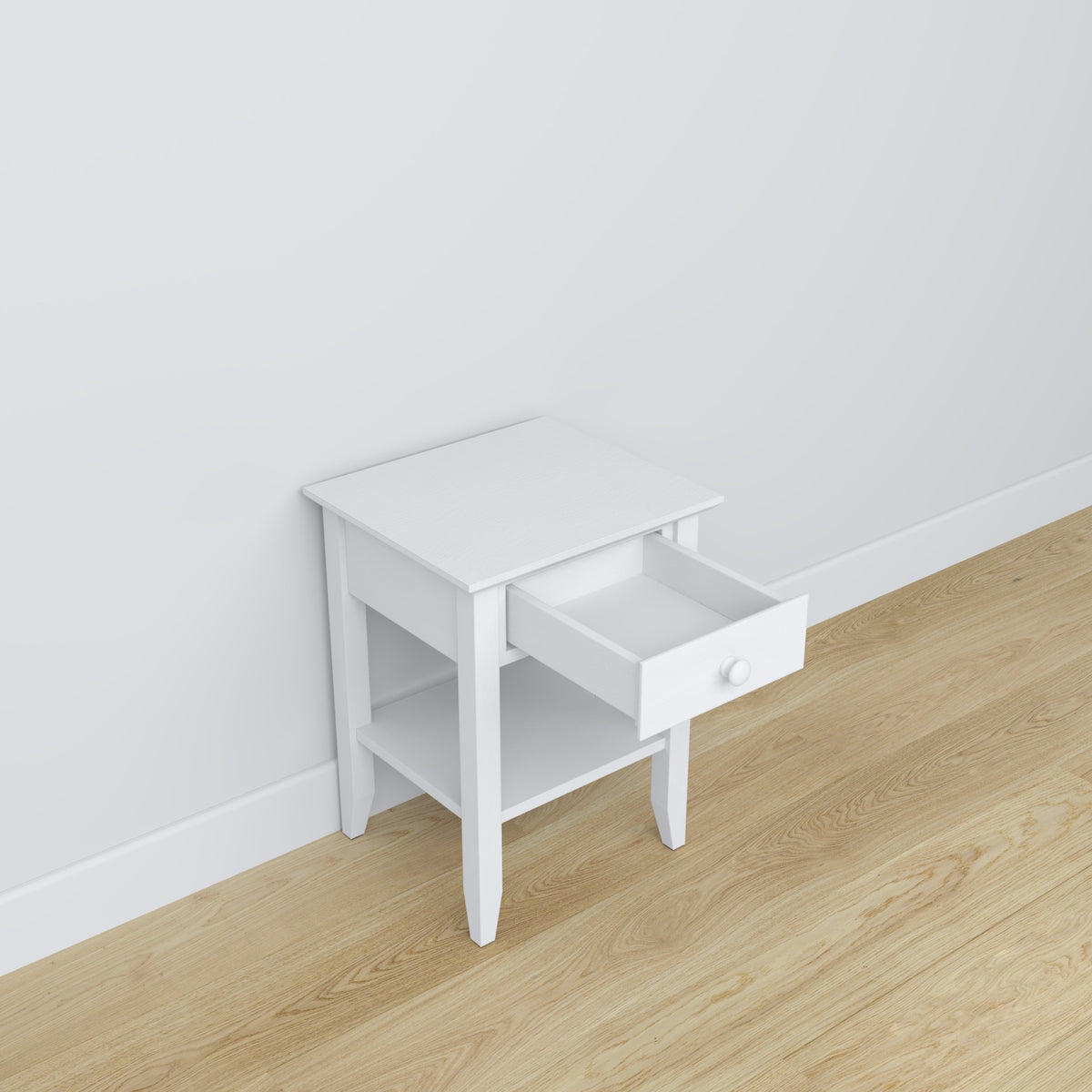 Bedside table N01 wooden white – open drawer, bedside storage compartment