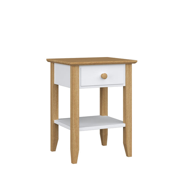 Bedside table N01 white with oak – wooden, front view, Nizio Home