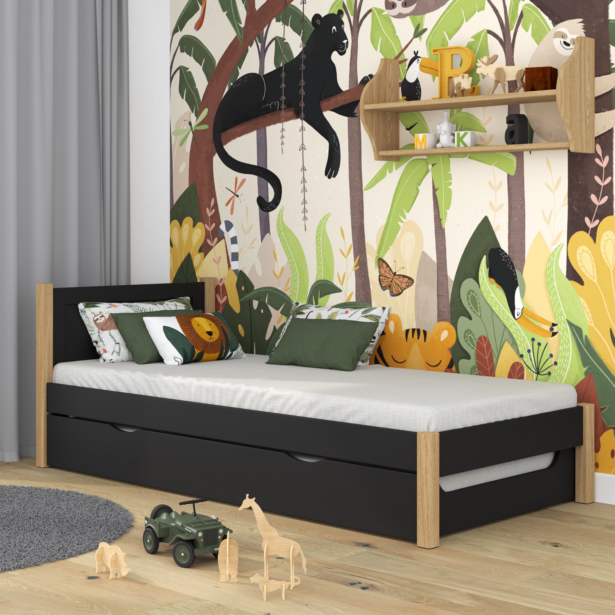 Black and Oak Bed with Drawer for Additional Mattress – Wooden, for Children, Nizio