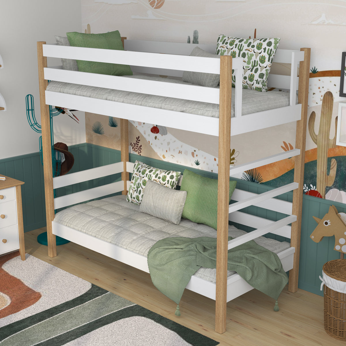 White and Oak Wooden Bunk Bed – Dimensions and Diagram, Nizio