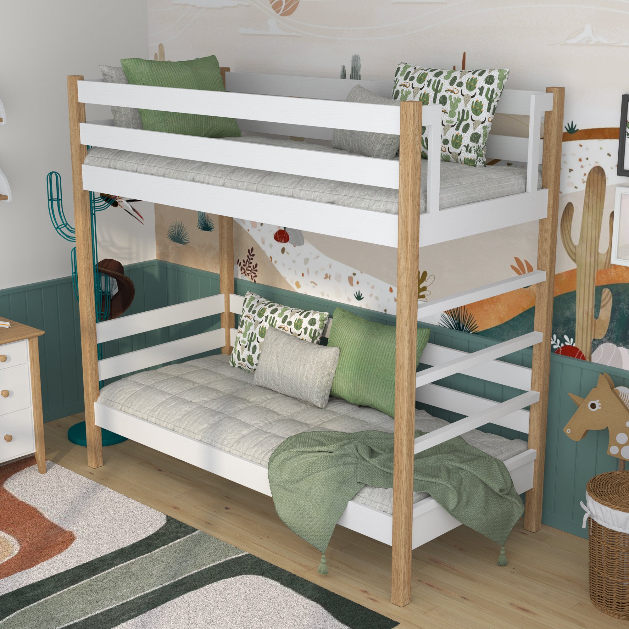 White and Oak Wooden Bunk Bed – Dimensions and Diagram, Nizio