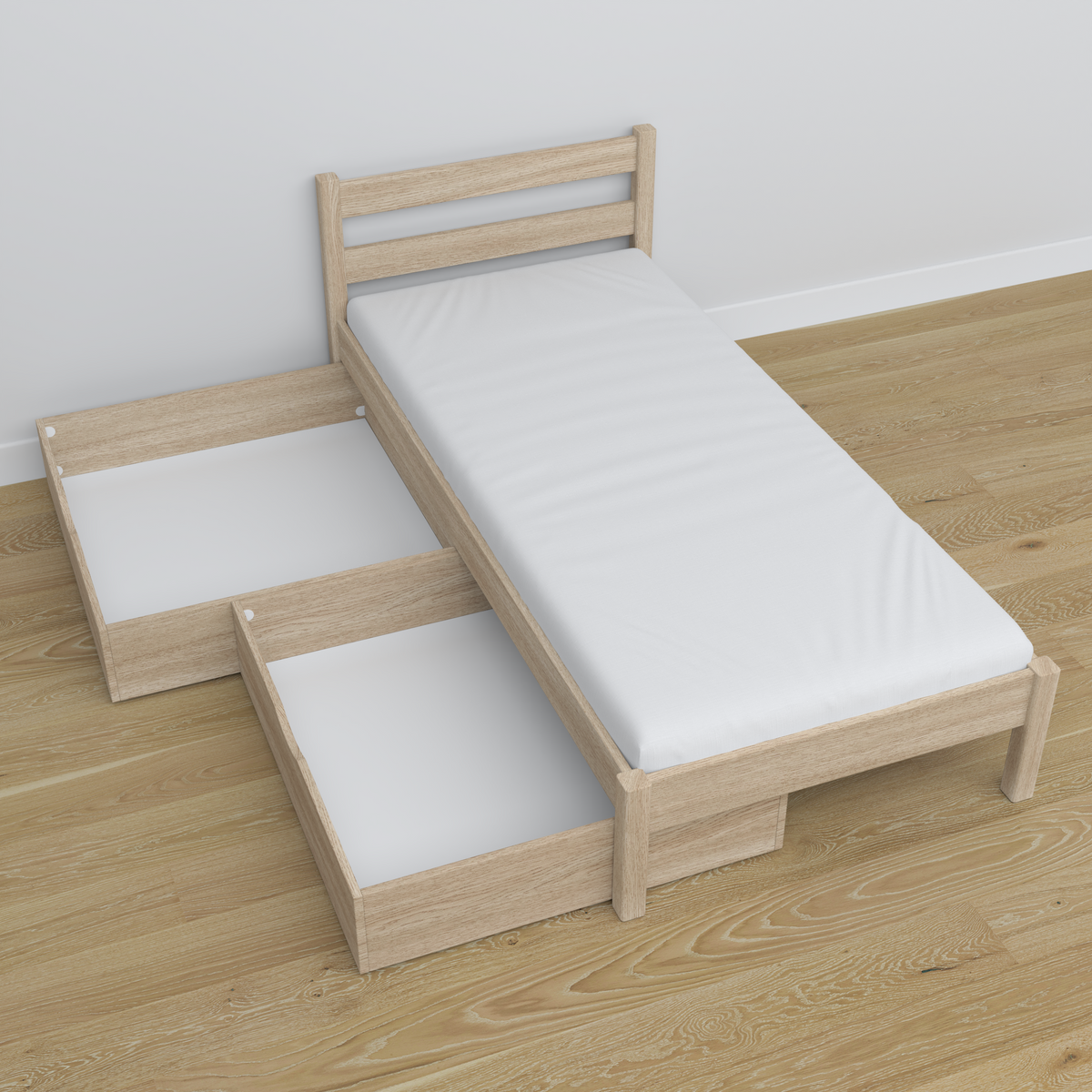 Bleached Oak Bed with Oak Drawer – Angled View